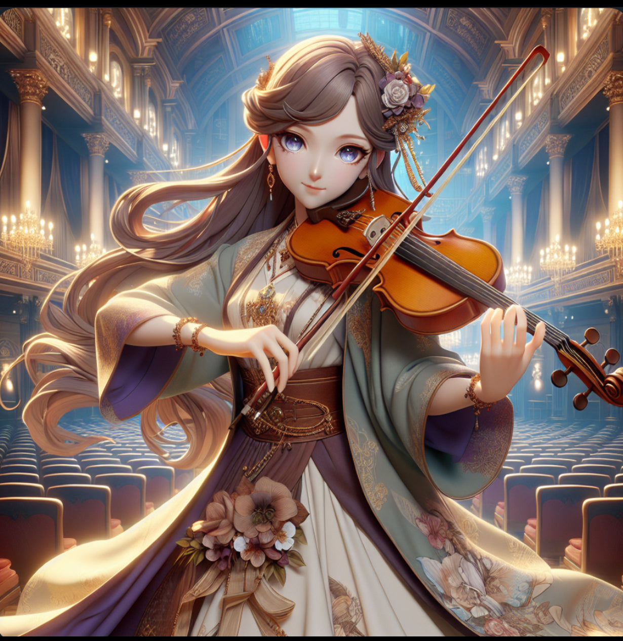 Animated MusicianZ Anime Violinist Ornate Headpiece Concert Hall T-Shirt