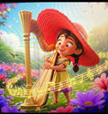 Animated MusicianZ Red Hat Harpist Girl Flower Garden T-Shirt