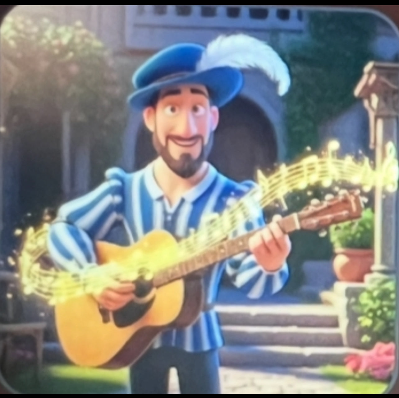 Animated MusicianZ Blue Troubadour Garden Guitarist T-Shirt