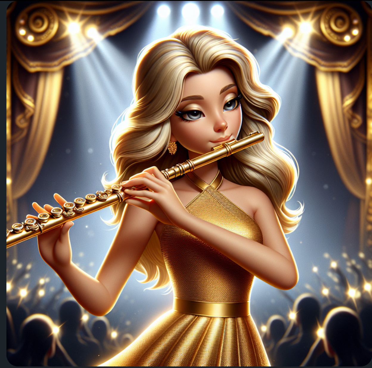 Animated MusicianZ Glamorous Golden Flutist Stage Performance T-Shirt