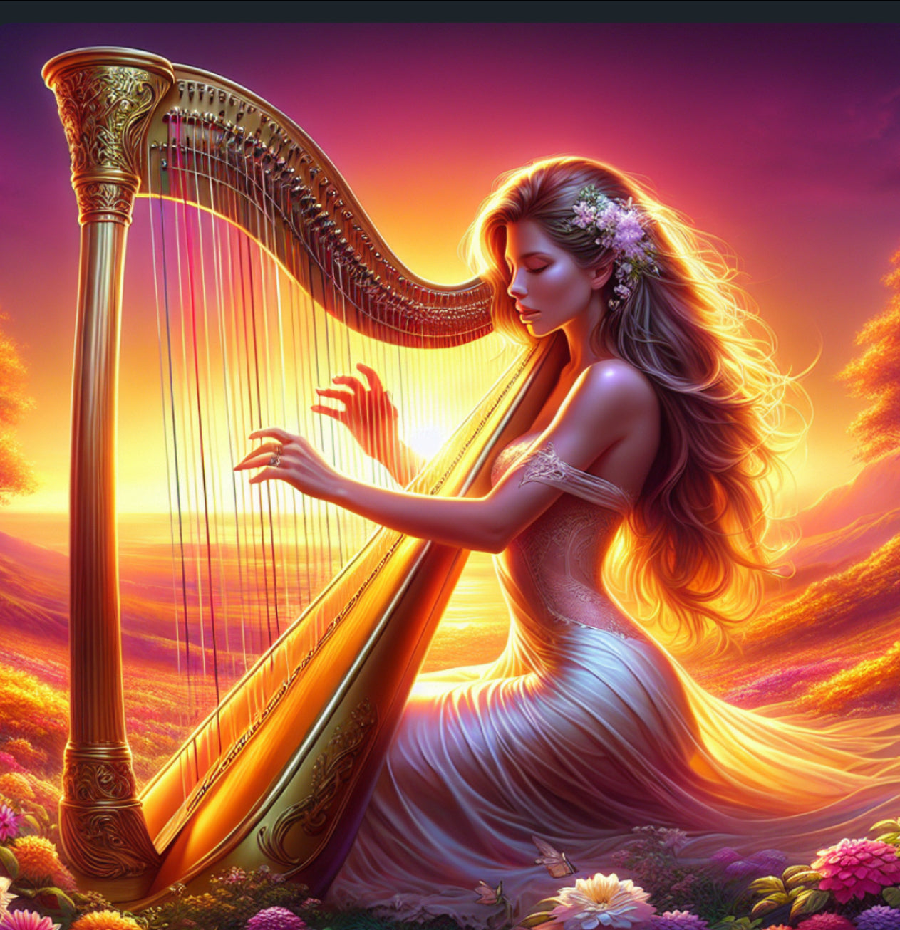 Animated MusicianZ Ethereal Sunset Harpist Goddess T-Shirt