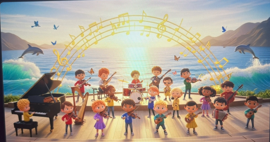 Animated MusicianZ Kids Orchestra Beach Concert Full Band T-Shirt