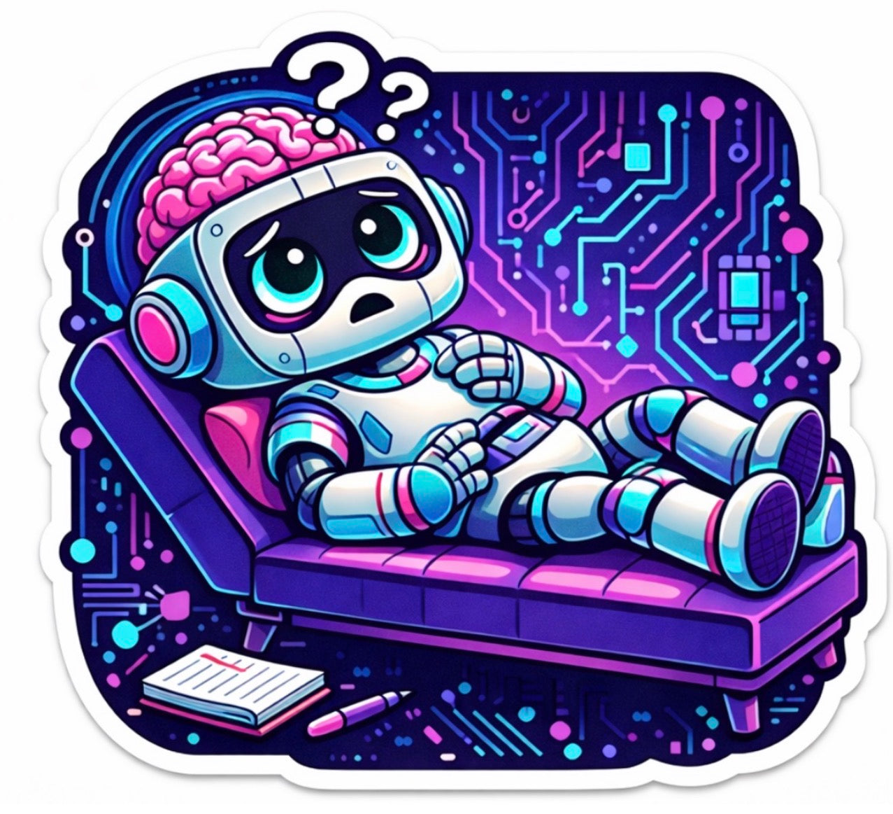 Robot On Purple Couch - Brain Therapy Session Sticker