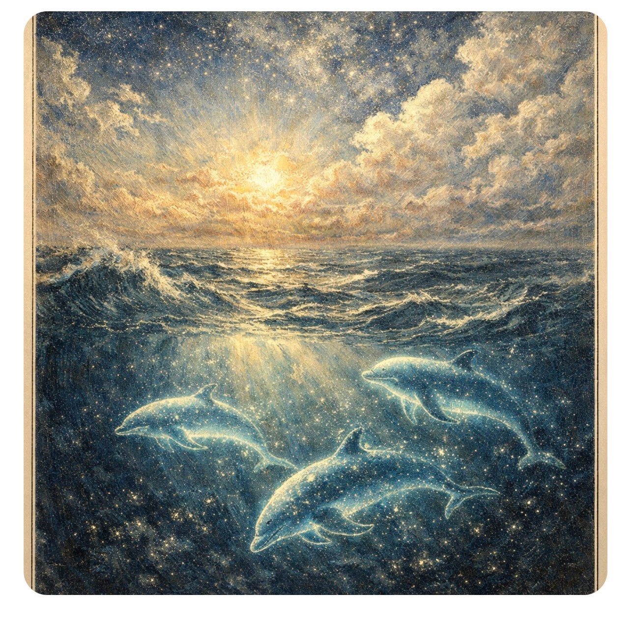 Dolphins Swimming Beneath Waves - Underwater Beauty Art Print