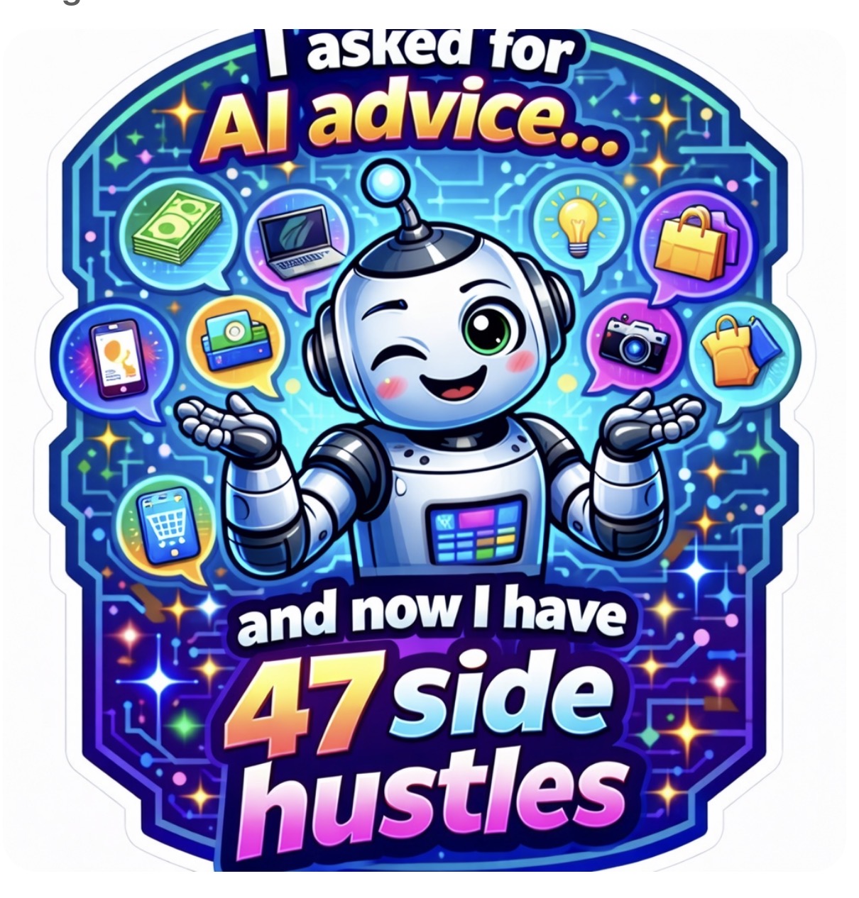 I Asked For AI Advice Now I Have 47 Side Hustles - Robot Sticker