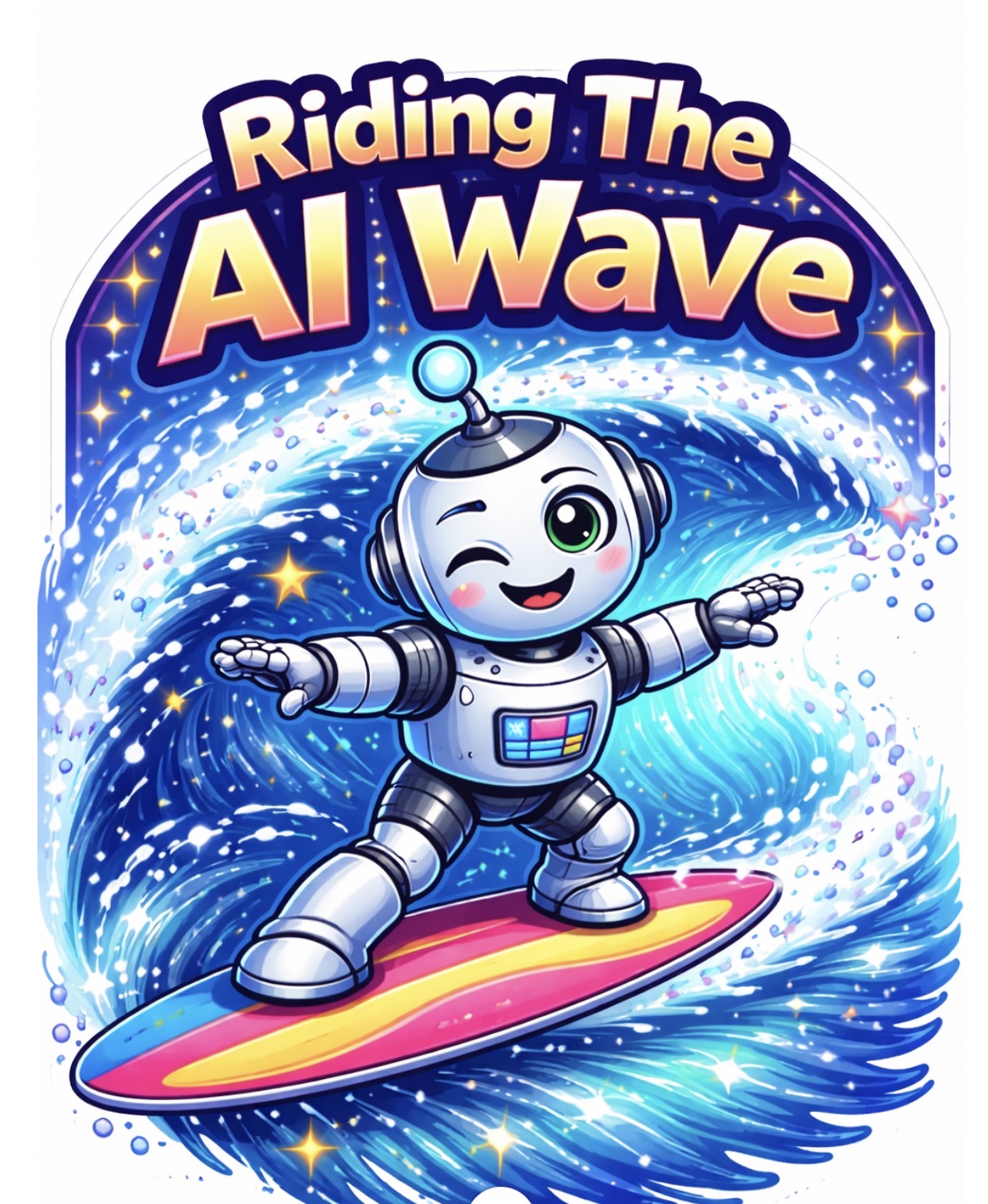 Riding The AI Wave - Robot Surfing Pink Board Sticker