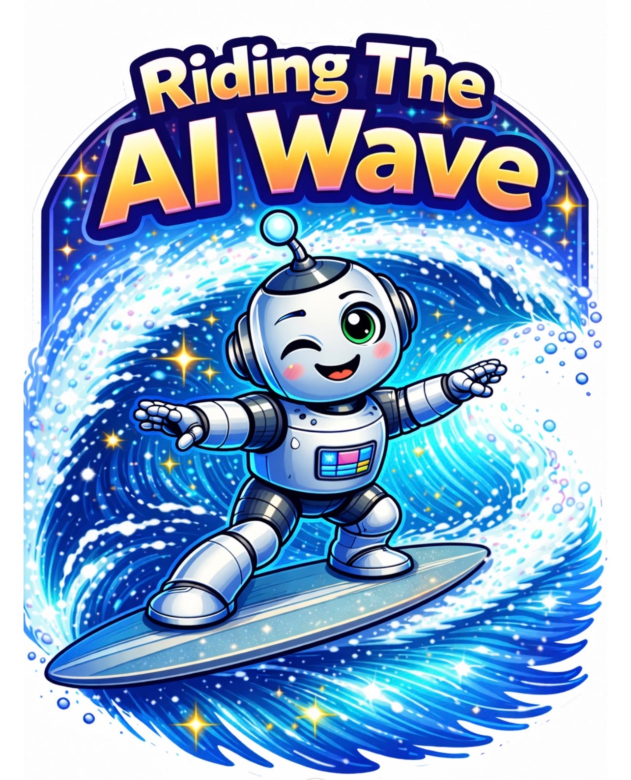 Riding The AI Wave - Robot Surfing Blue Wave Sticker