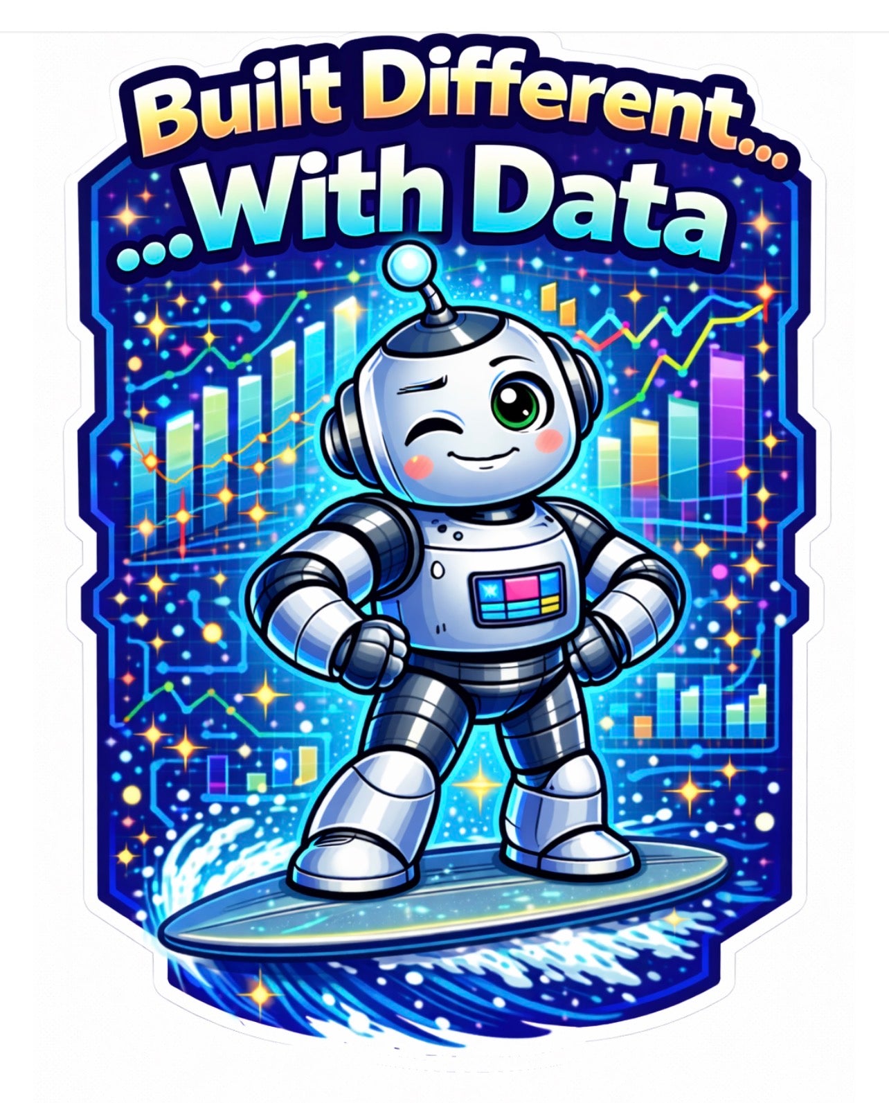 Built Different With Data - Robot Surfing Pink Board Sticker