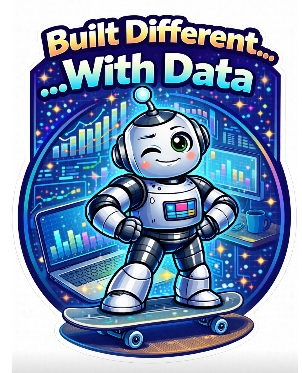 Built Different With Data - Robot Surfing Wave Sticker