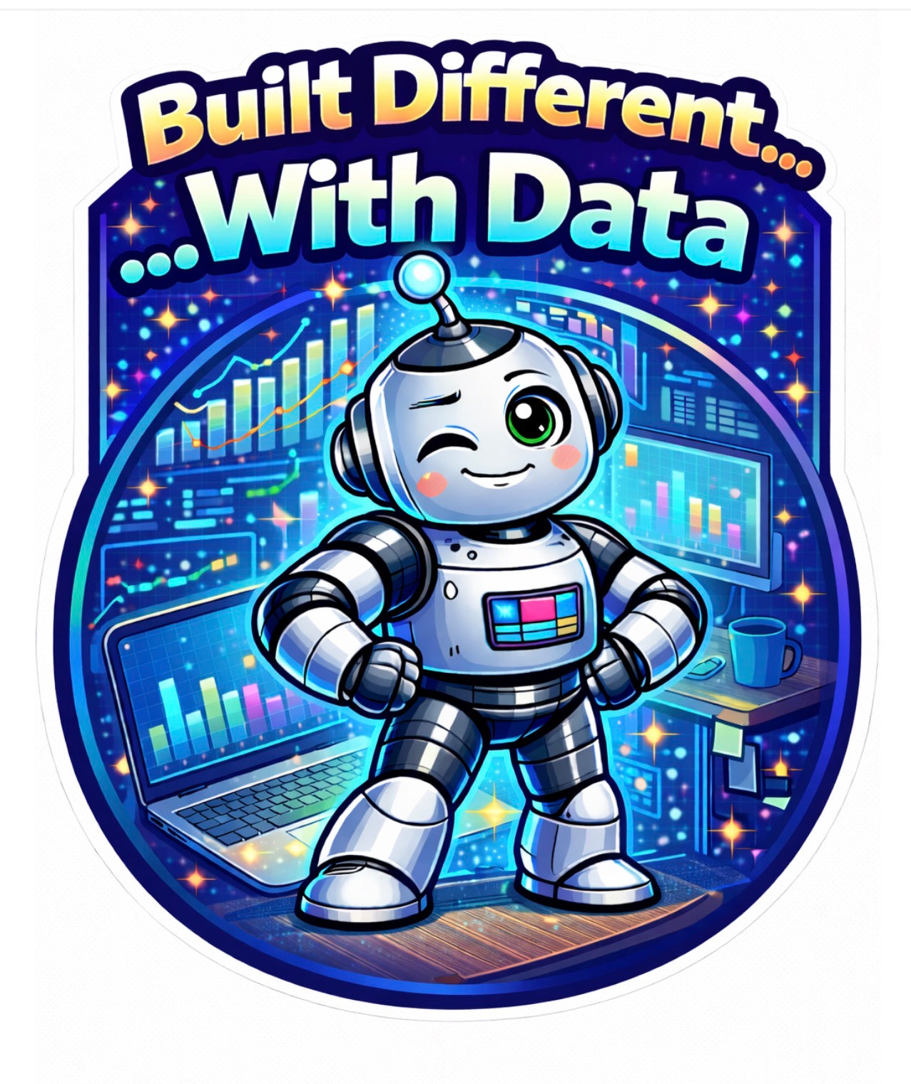 Built Different With Data - Robot with Charts & Coffee Sticker