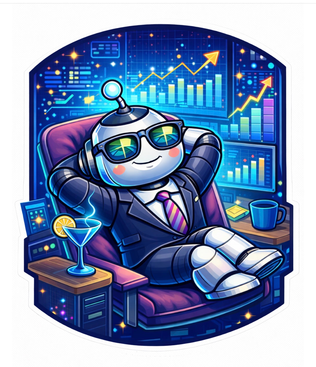 Robot with Coffee & Laptop - Tech Life Sticker
