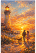 Couple & Dog by the Lighthouse - Golden Sunset Art Print