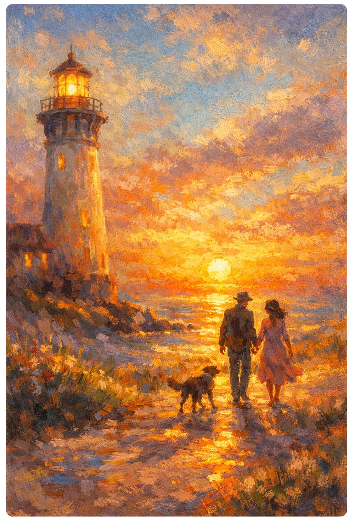Couple & Dog by the Lighthouse - Golden Sunset Art Print