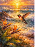 Ruby-Throated Hummingbird & Birds of Paradise - Ocean Sunset Art Print
