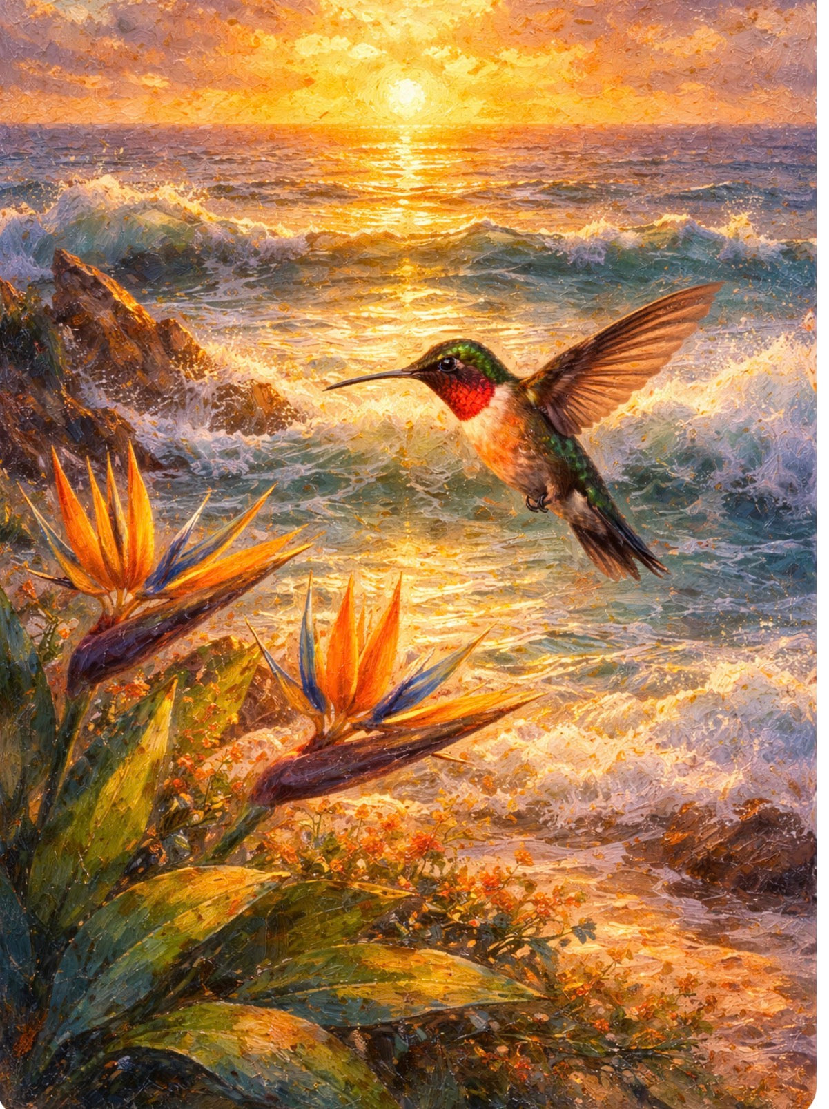 Ruby-Throated Hummingbird & Birds of Paradise - Ocean Sunset Art Print