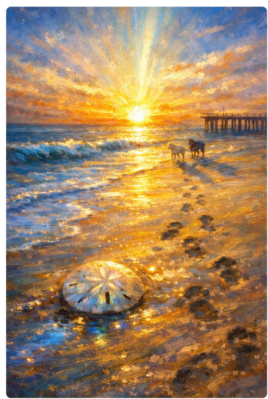 Dogs on Beach with Sand Dollar - Golden Sunset Love Art Print