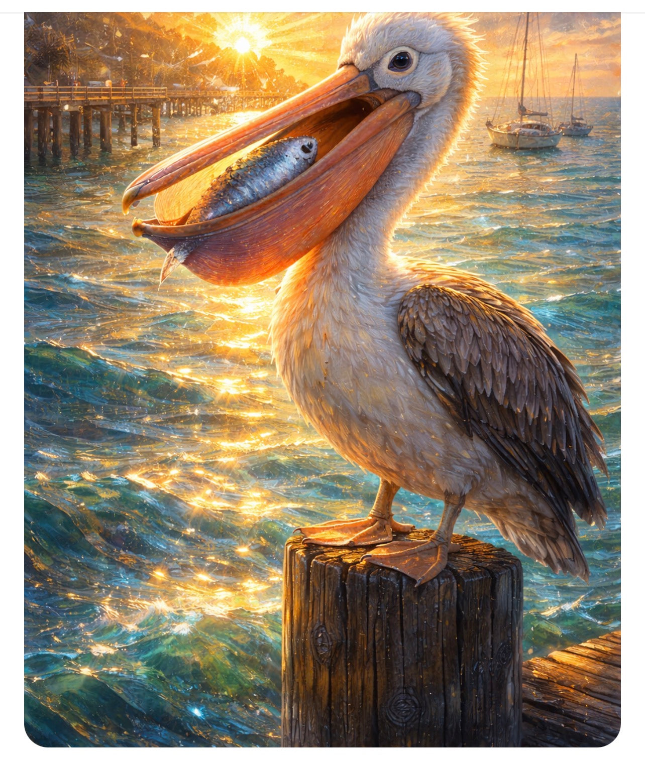 Pelican with Fresh Catch - Harbor Sunset Art Print
