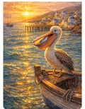 Pelican on Boat Bow - Greek Village Harbor Sunset Art Print