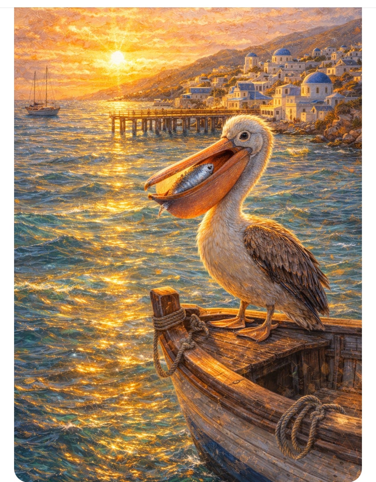 Pelican on Boat Bow - Greek Village Harbor Sunset Art Print