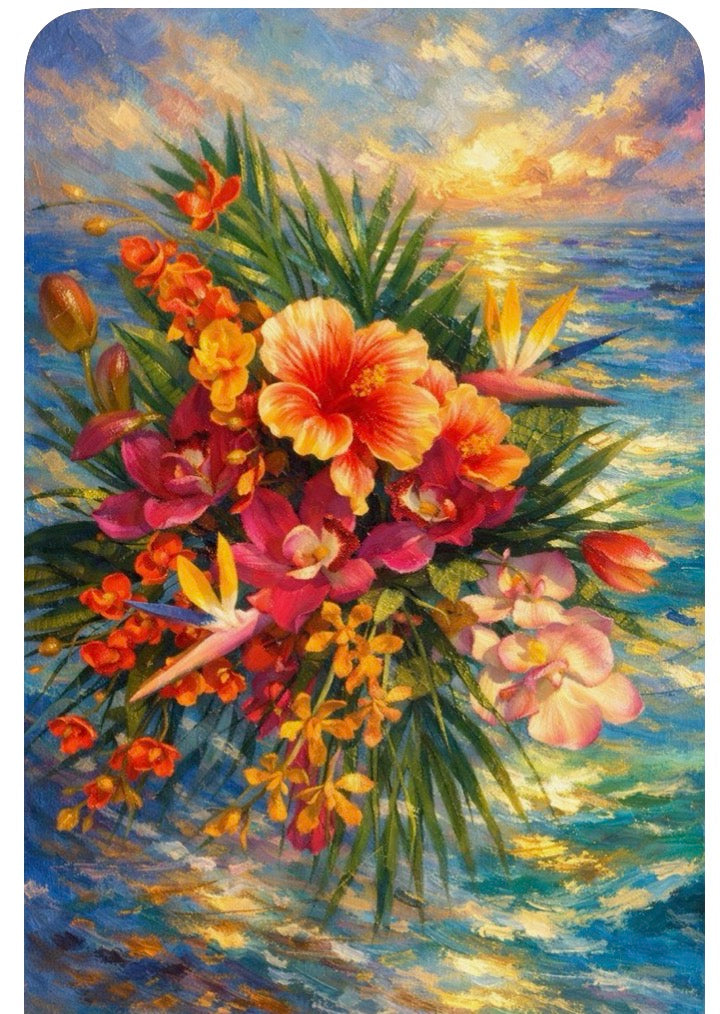 Tropical Flower Bouquet Floating on Ocean Sunset Art Print