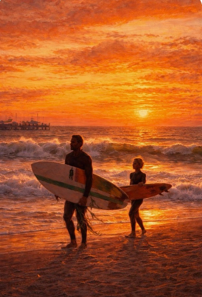Father & Son Surfers - Golden Sunset Beach Art Print