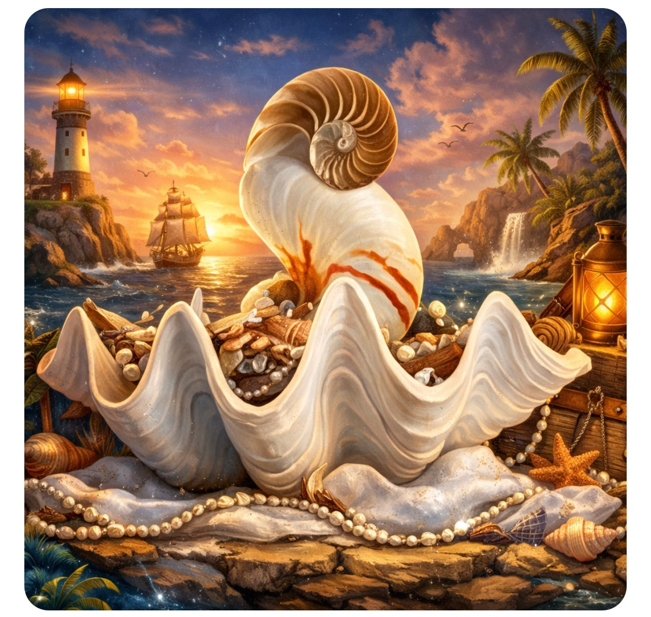 Giant Clam Shell with Nautilus & Pearls - Lighthouse Twilight Art Print