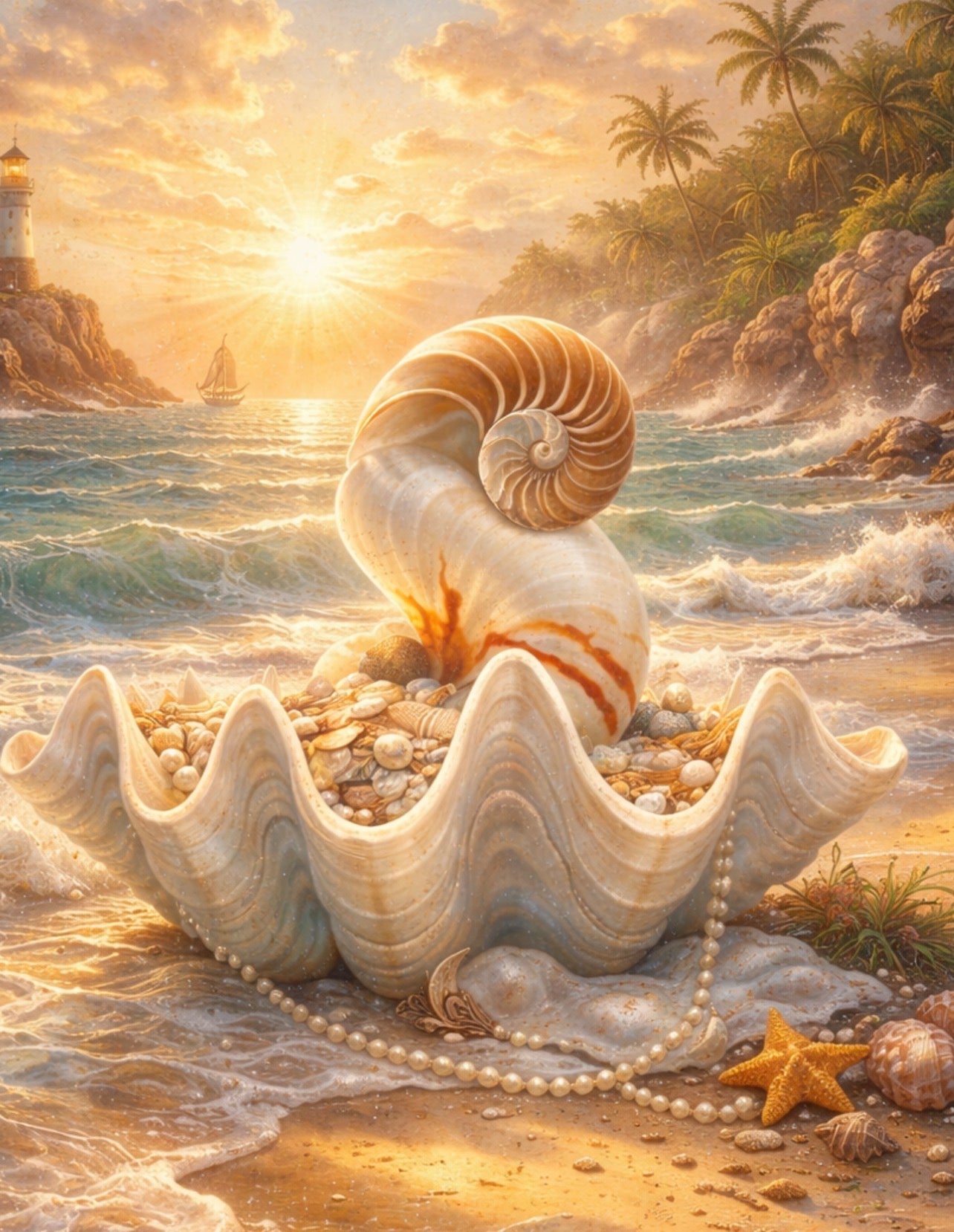 Giant Clam Shell with Nautilus & Pearls - Lighthouse Paradise Art Print