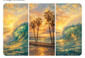 Golden Wave & Palm Trees Triptych - Three Panel Ocean Masterpiece Art Print