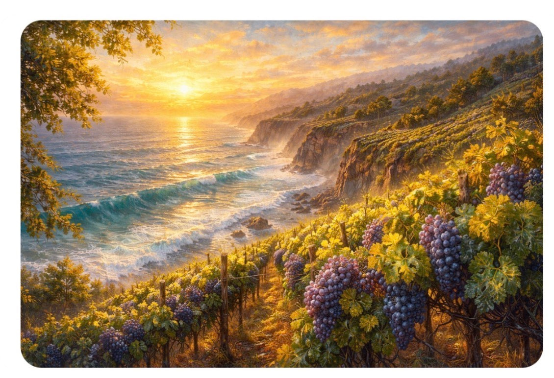 Coastal Vineyard Sunset - Wine Country Meets Ocean Art Print