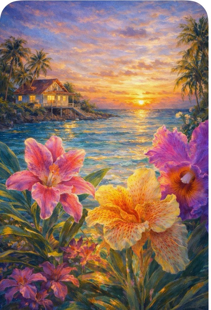 Tropical Beach Cottage - Hibiscus Garden Sunset Paradise Art Print