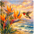 Ruby-Throated Hummingbird & Birds of Paradise - Coastal Sunset Art Print