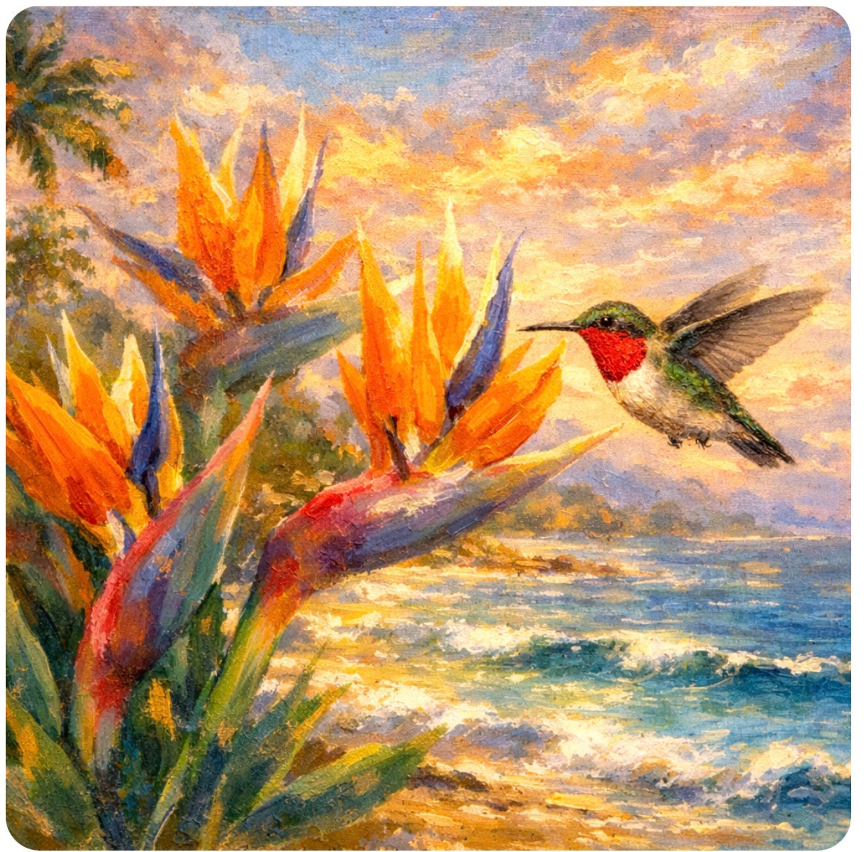 Ruby-Throated Hummingbird & Birds of Paradise - Coastal Sunset Art Print