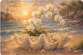 Giant Clam Shell with White Orchids - Lighthouse Sunset Art Print