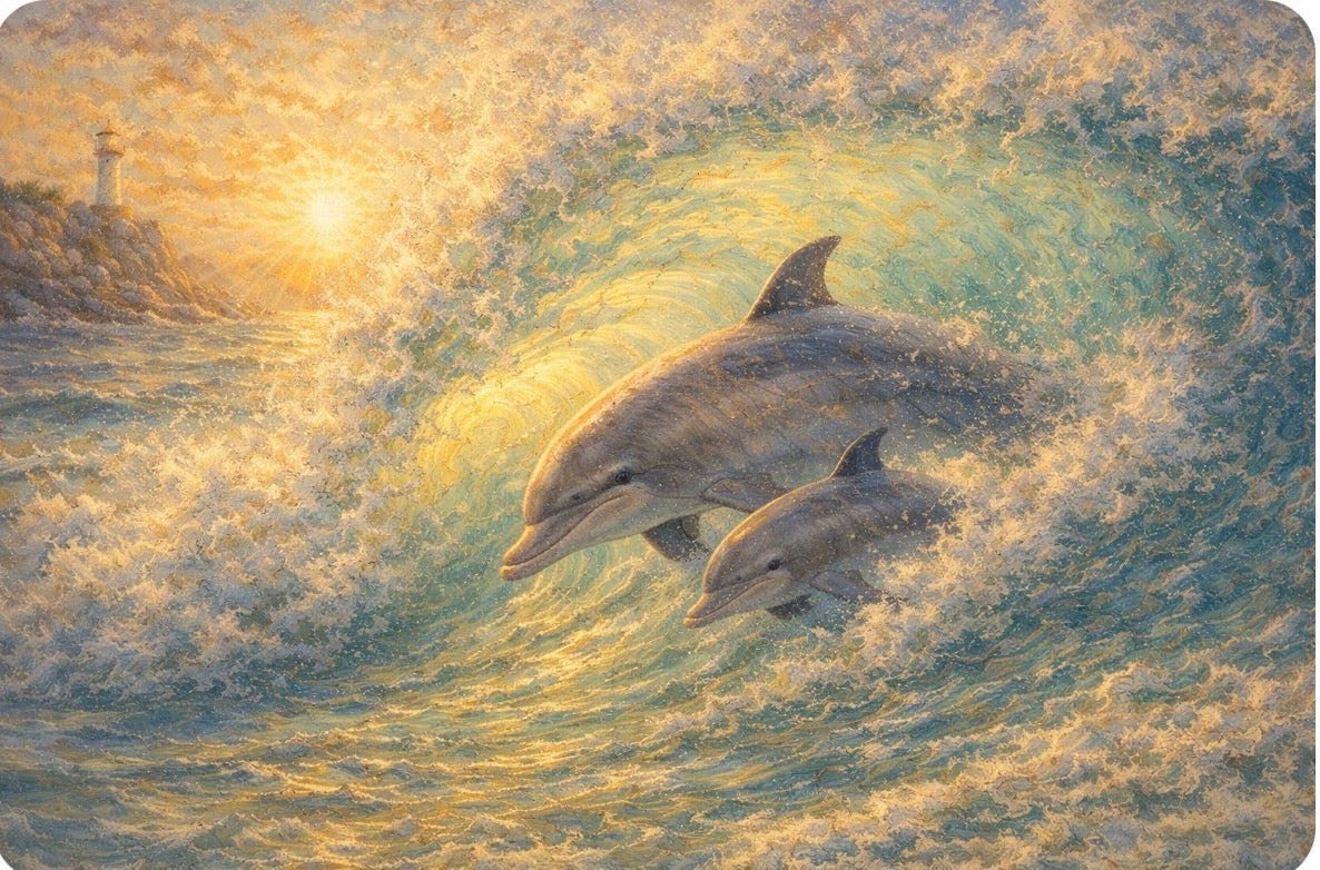 Two Dolphins Leaping - Lighthouse Golden Wave Art Print