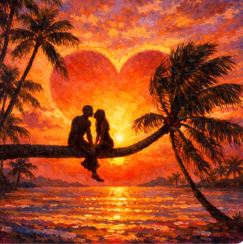 Couple Kissing on Palm Tree - Heart Sunset Romance Art Print
