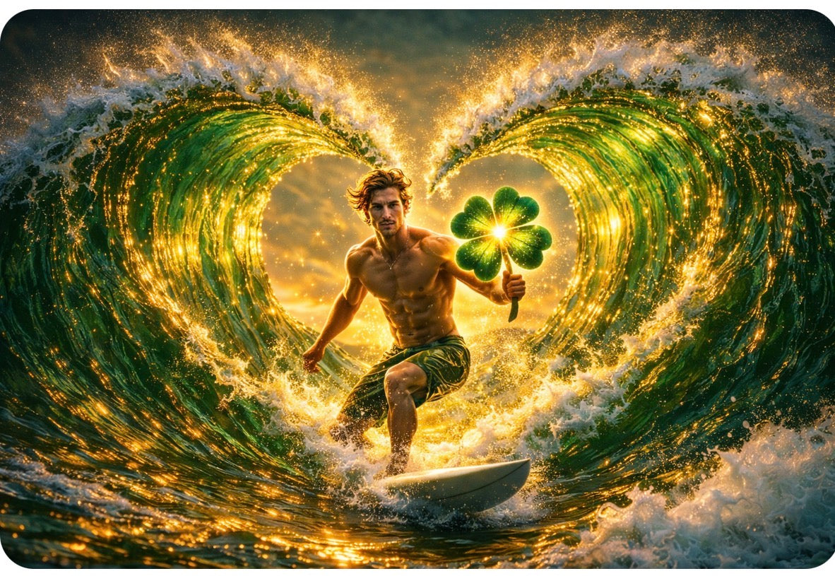Lucky Surfer - Riding the Golden Heart Wave Art Print