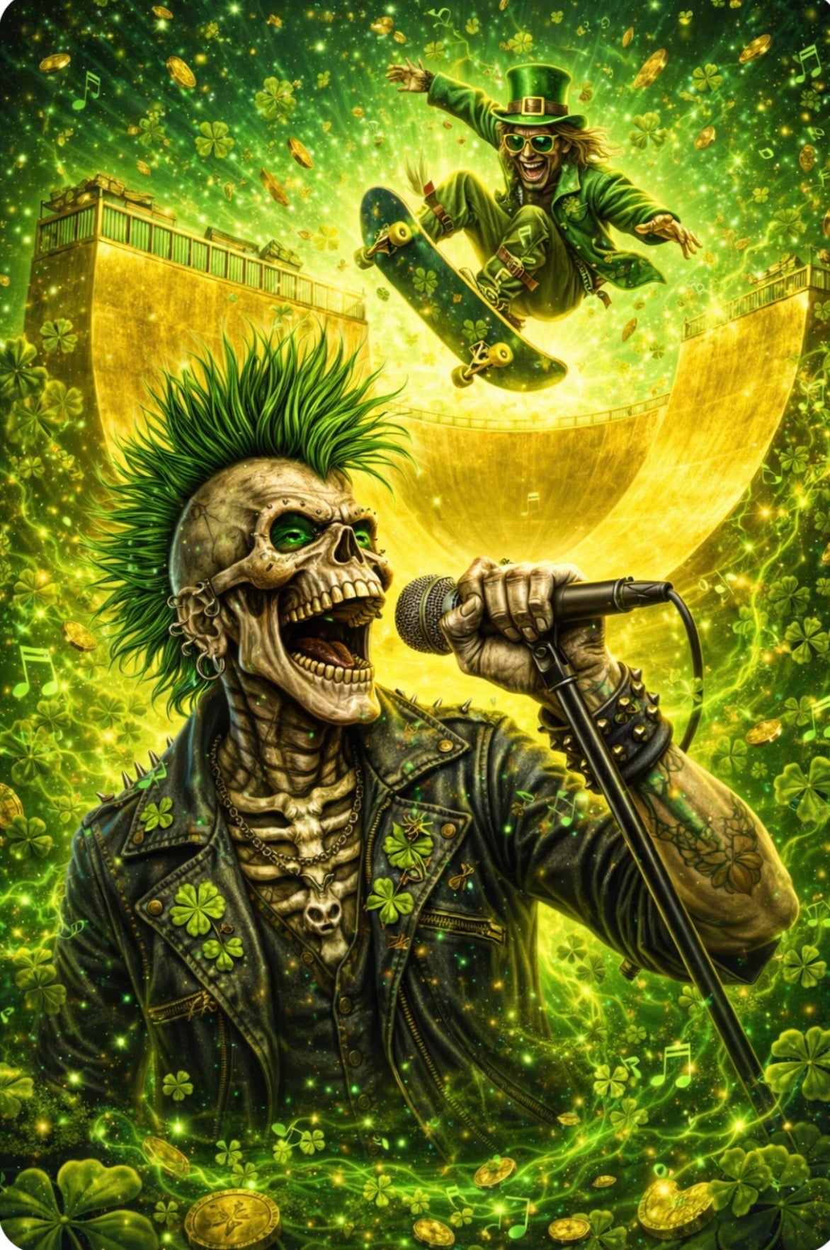 Lucky Skeleton Surfer - Golden Heart Wave Art Print