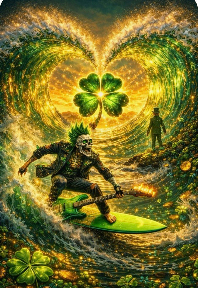 Skeleton Guitarist Surfing - Lucky Wave Shredder Art Print