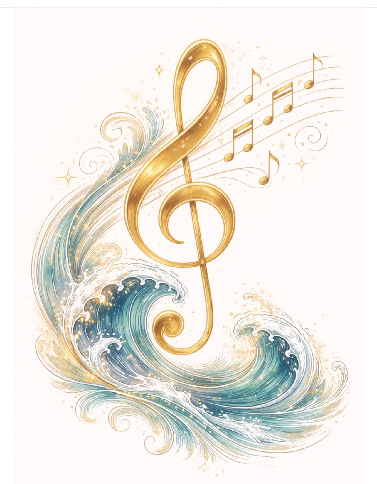 Golden Treble Clef Ocean Waves - Musical Symphony Art Print