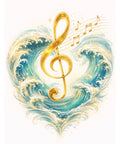 Golden Treble Clef - Ocean Waves Music Heart Art Print