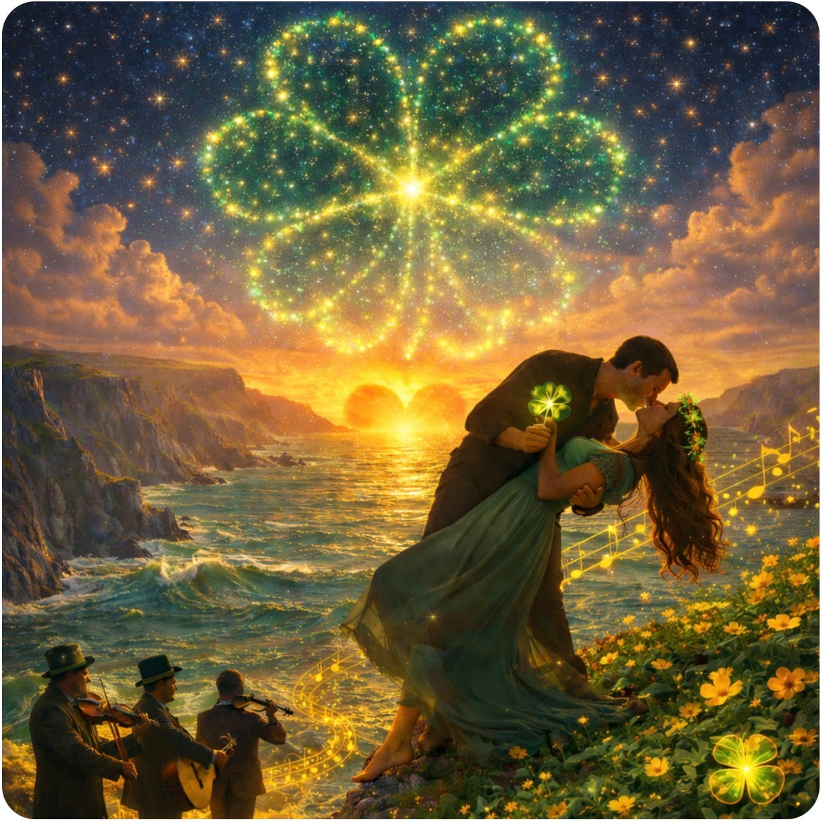 Irish Coastal Romance - Shamrock Sky Kiss Art Print