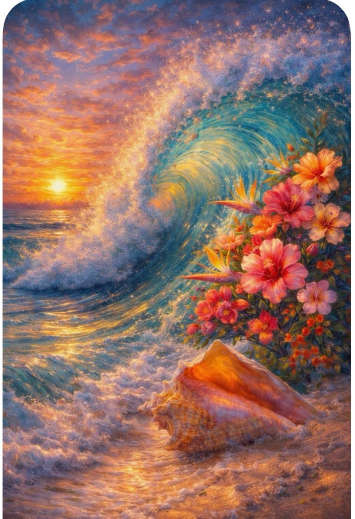 Conch Shell & Hibiscus - Magical Sunset Wave Art Print