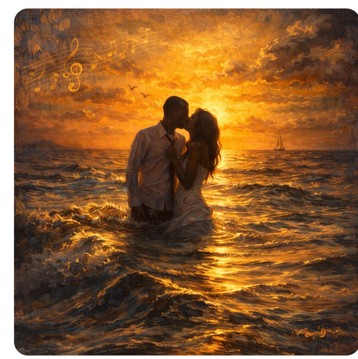 Couple Kissing in Golden Ocean - Music of Love Sunset Art Print