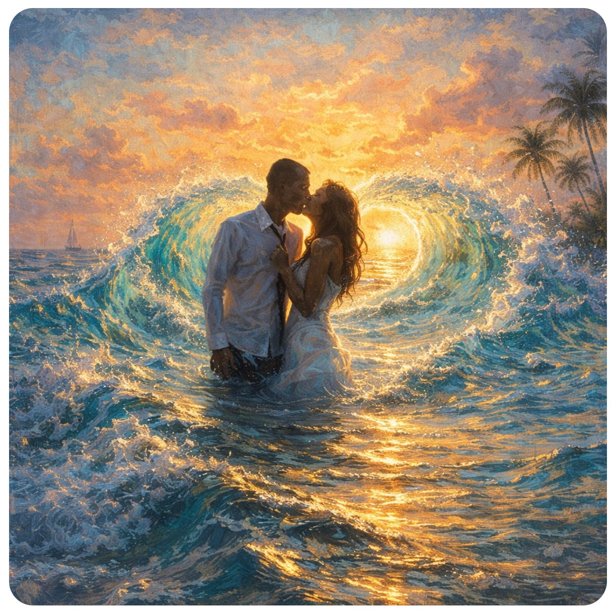 Couple Kissing in Ocean - Heart Wave Sunset Art Print
