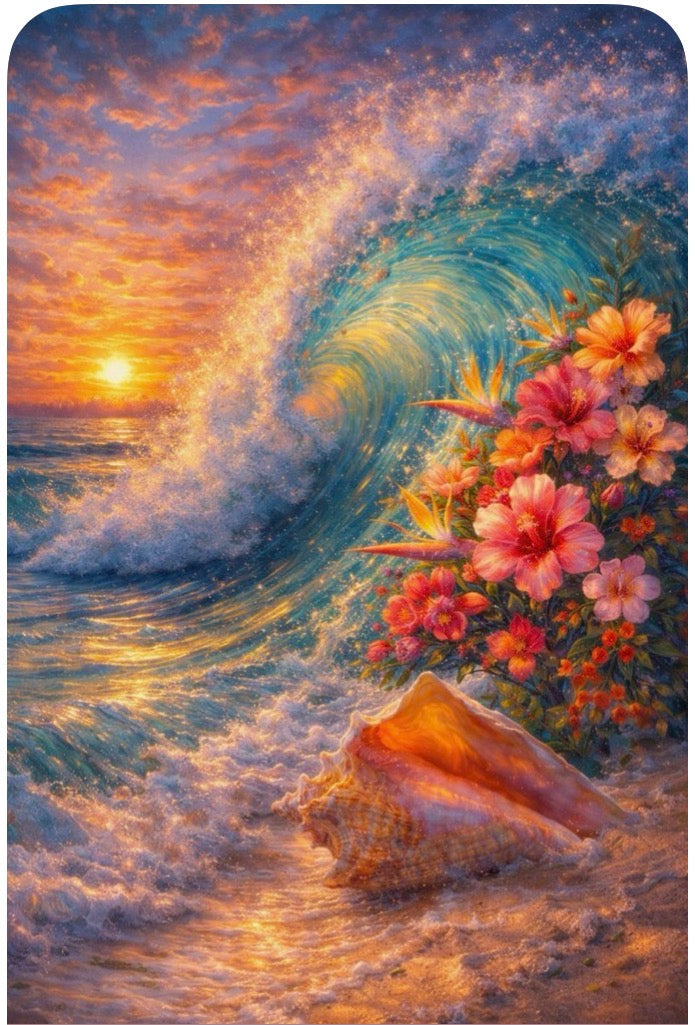 OceanZ - Tropical Sunset Wave with Hibiscus Flowers Art Print