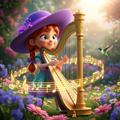 Animated MusicianZ Purple Hat Harpist Girl Flower Garden T-Shirt