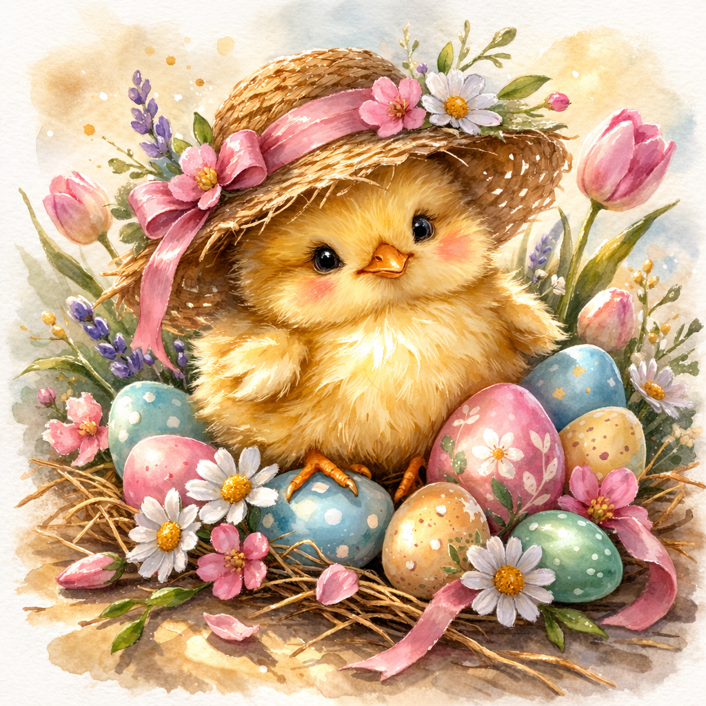 Fancy Chick in Straw Hat - Vintage Easter Charm Art Print