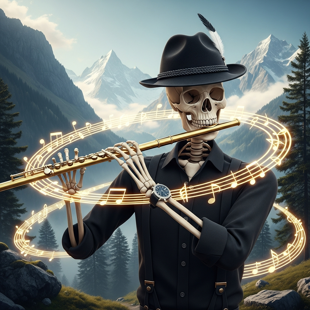Skeleton Flute Player Swiss Alps T-Shirt