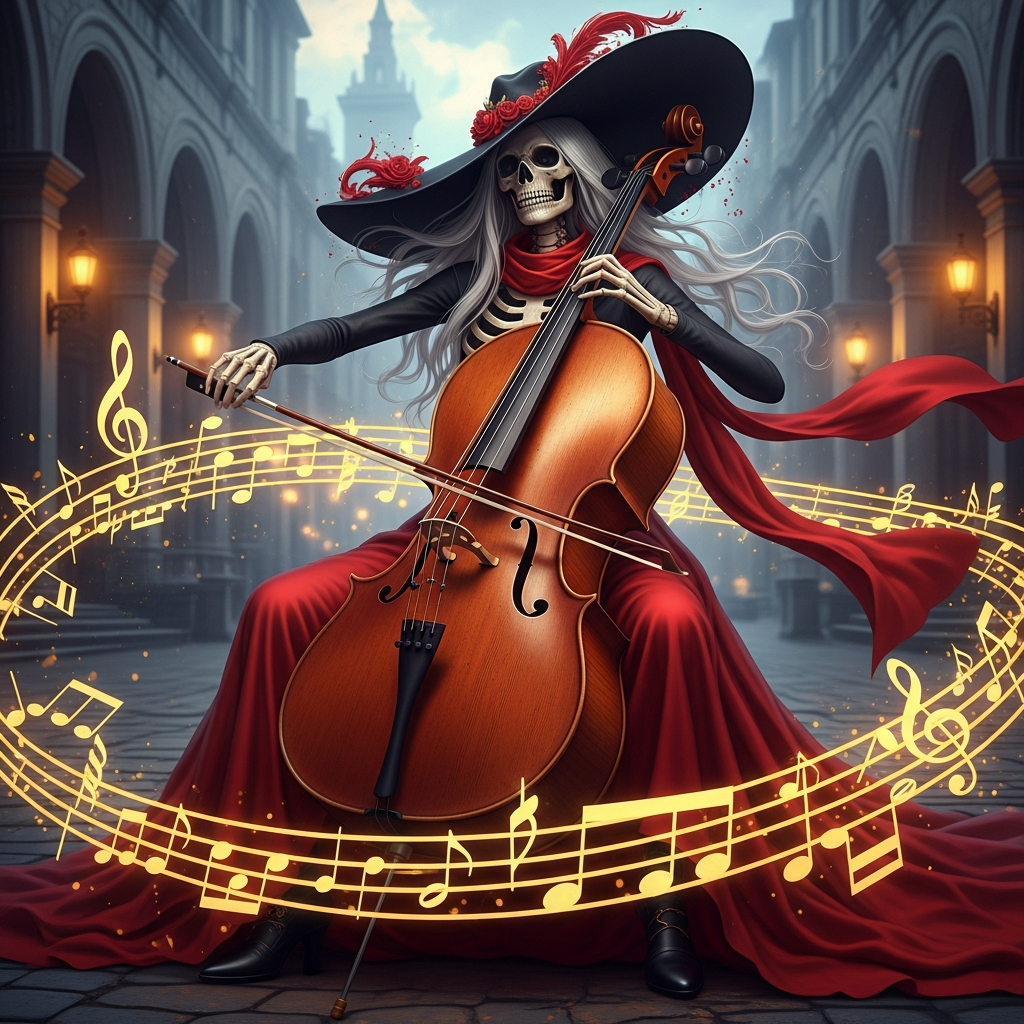 Elegant Skeleton Lady Cellist Italian Piazza T-Shirt