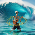 Skeleton Ukulele Player Epic Ocean Wave T-Shirt